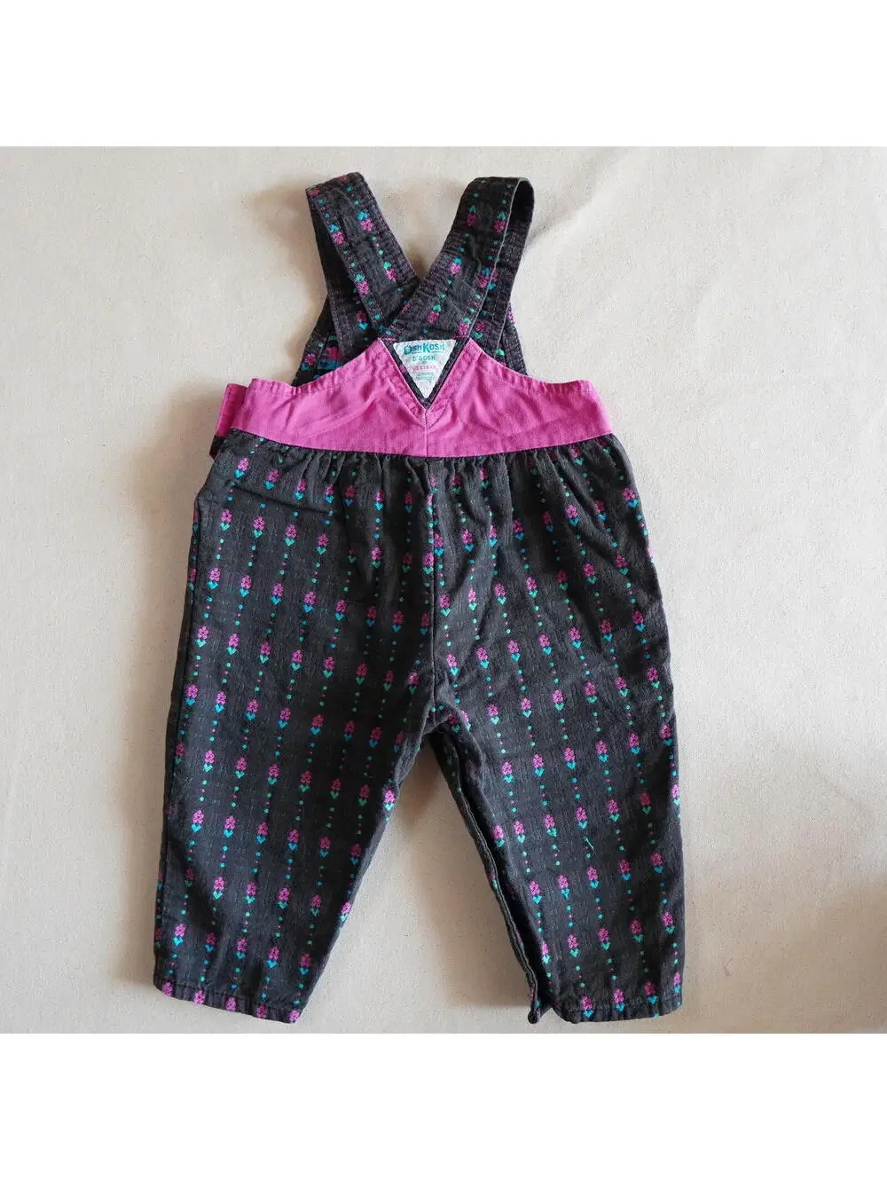 Vintage OshKosh B'gosh Baby Girl 18M Woven Cotton Floral Overalls 90's USA